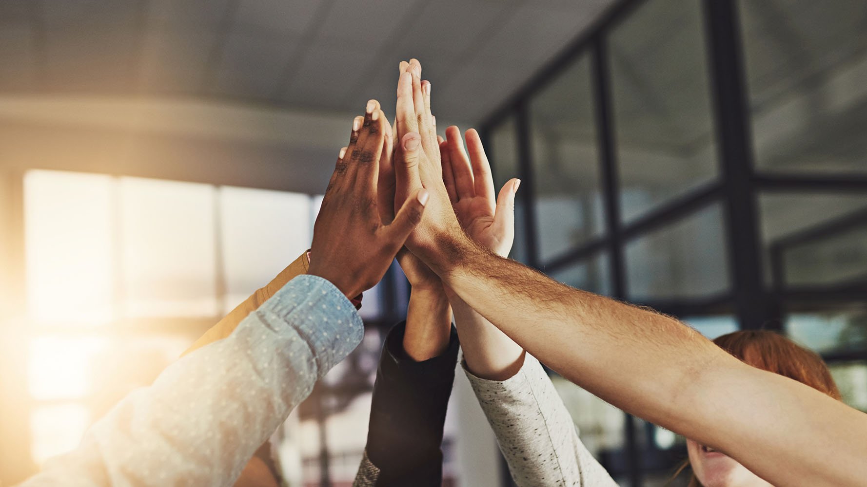 5 collègues de travail se tapant dans les mains