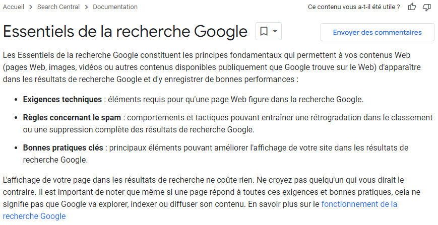 Capture d'écran représentant les essentiels de la recherche Google