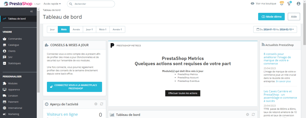 Capture d'écran qui représente l'interface de Prestashop